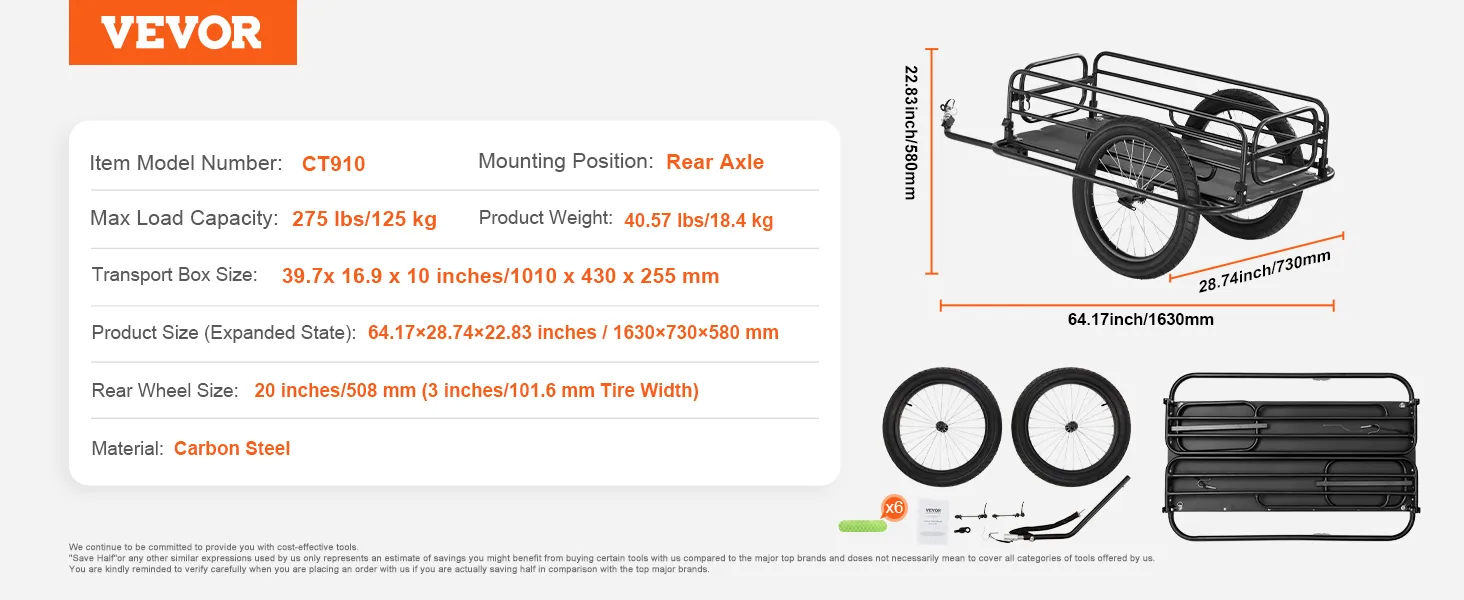 VEVOR bike cargo trailer with 275 lbs capacity, 20" wheels, carbon steel frame, and rear axle mounting.