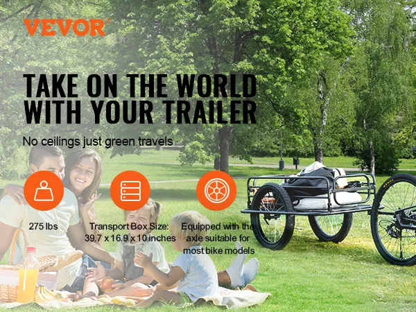 VEVOR bike cargo trailer in a park with a picnic setup, perfect for outdoor adventures.