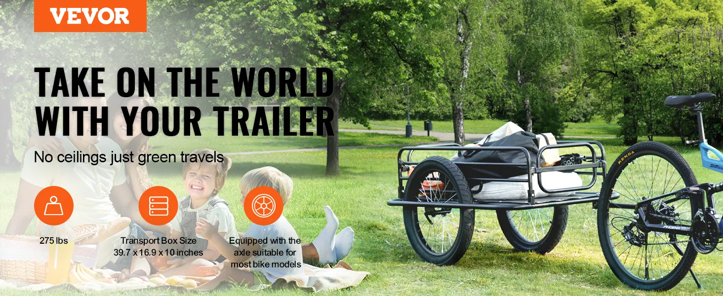 VEVOR bike cargo trailer in a park with a picnic setup, perfect for outdoor adventures.