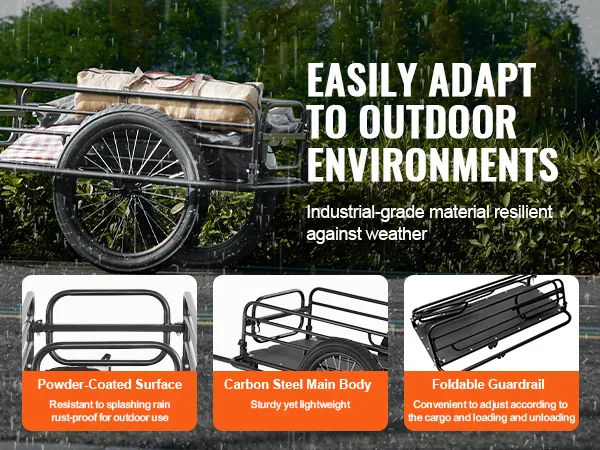 VEVOR bike cargo trailer in rain with tow frame, cargo platform, and highlighted features.