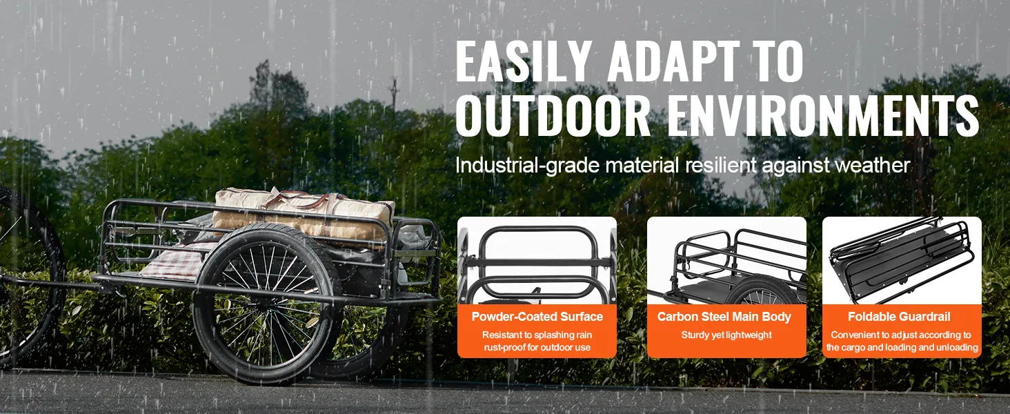 VEVOR bike cargo trailer in rain with tow frame, cargo platform, and highlighted features.