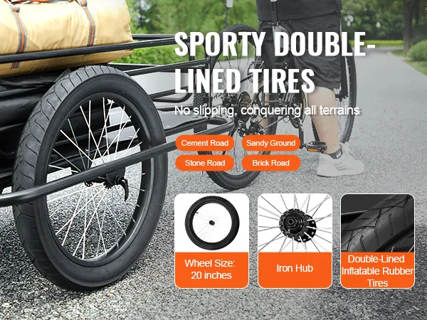 sporty double-lined tires on the VEVOR bike cargo trailer, ideal for all terrains, including gravel paths and cement roads.