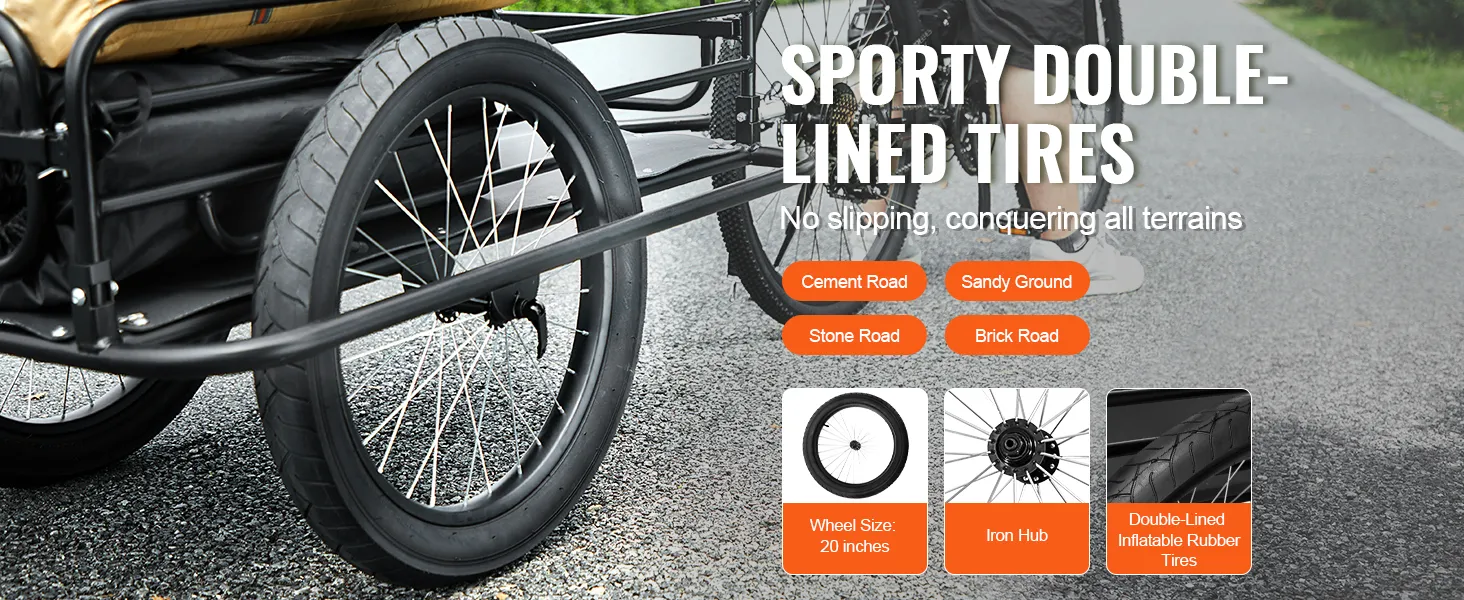 sporty double-lined tires on the VEVOR bike cargo trailer, ideal for all terrains, including gravel paths and cement roads.