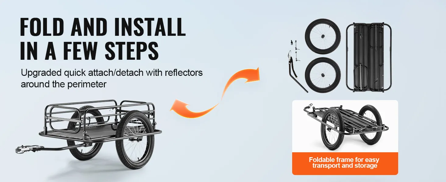 VEVOR bike cargo trailer with foldable frame, quick attach/detach system, and perimeter reflectors.