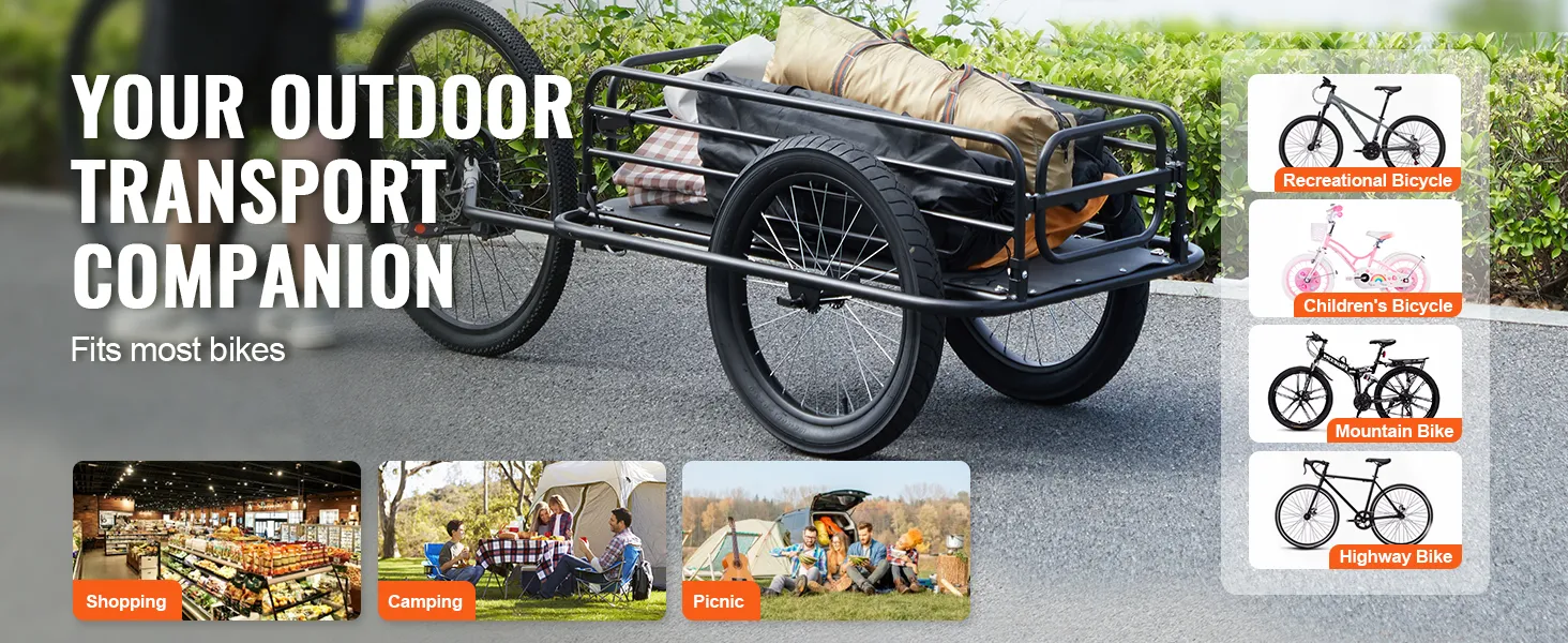 VEVOR bike cargo trailer transporting camping gear, fits recreational, children's, mountain, and highway bikes.