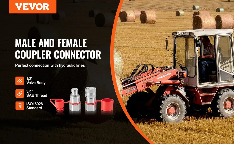VEVOR hydraulic couplers for male and female connectors, set against a farming scene with bales and a tractor.