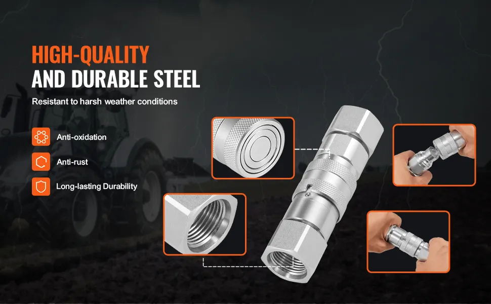 high-quality VEVOR hydraulic couplers, showing anti-oxidation, anti-rust, and long-lasting durability features.