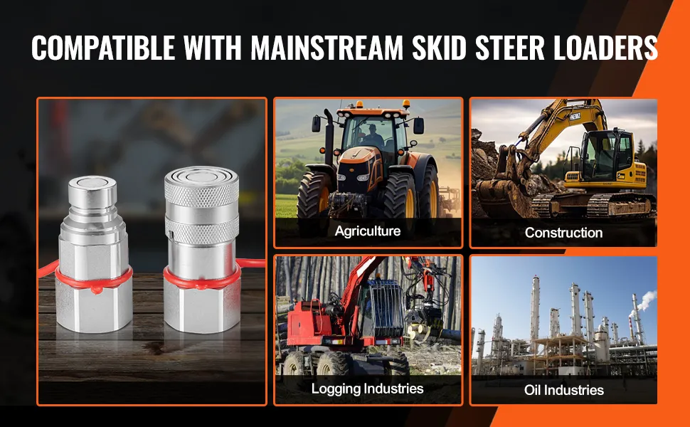 VEVOR hydraulic couplers compatible with skid steer loaders for agriculture, construction, logging, oil industries.