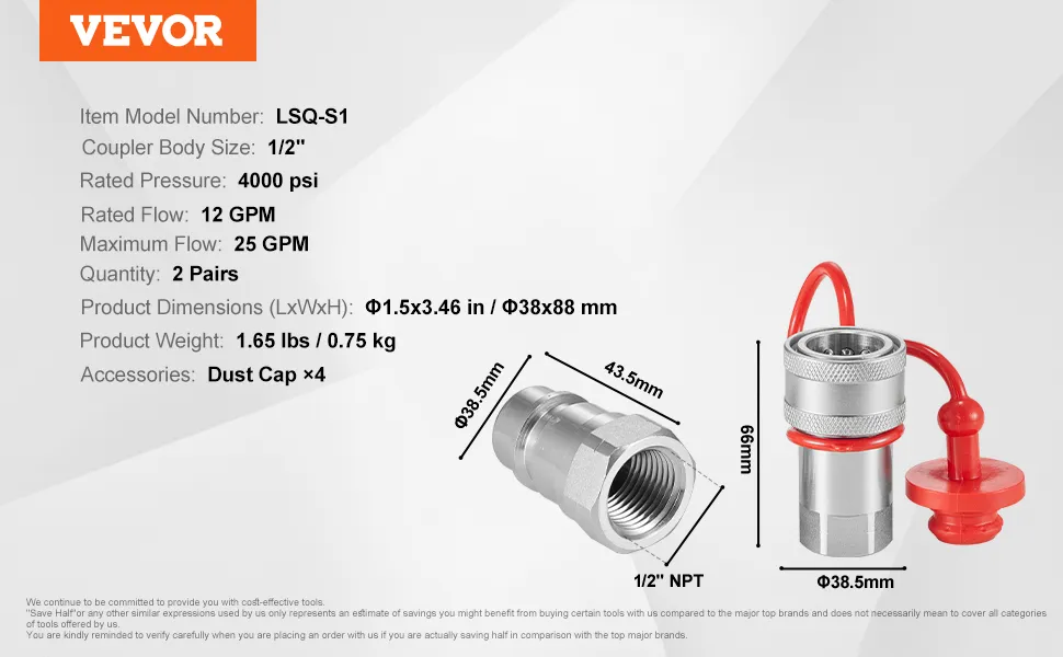 VEVOR hydraulic quick connect couplers lsq-s1, 1/2" body size, 4000 psi, 12 gpm, set of 2 pairs.