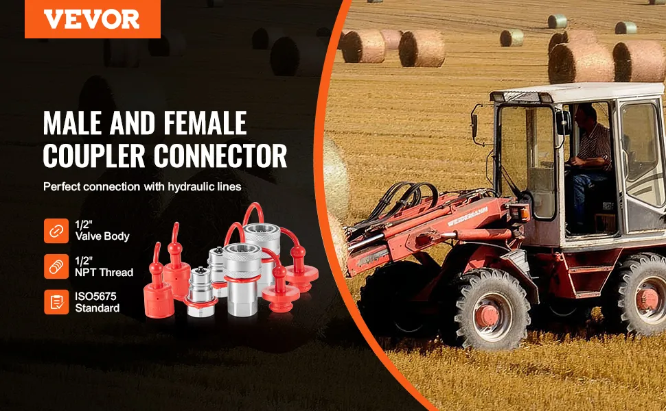 VEVOR hydraulic quick connect couplers on a farm tractor with hay bales in the background.