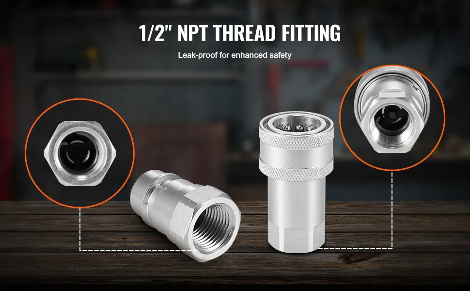 VEVOR hydraulic quick connect couplers with 1/2" npt thread fitting, leak-proof design for enhanced safety.