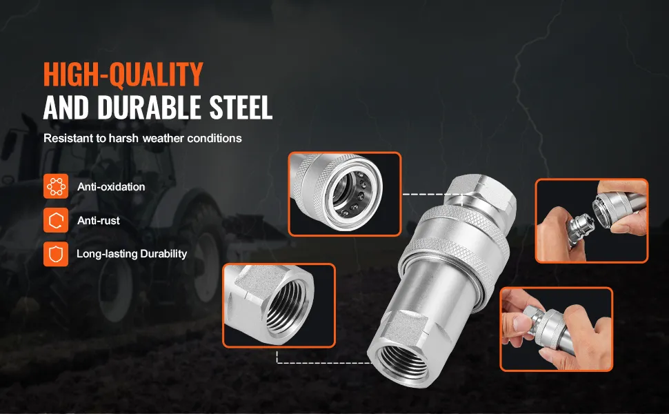 high-quality and durable VEVOR hydraulic quick connect couplers, resistant to harsh weather conditions.