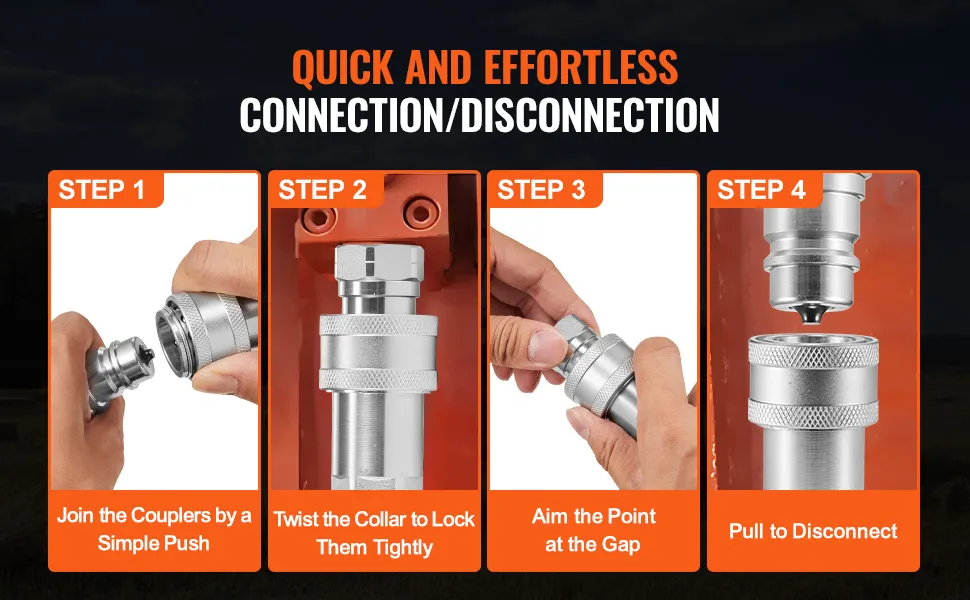 VEVOR hydraulic quick connect couplers showing 4-step connection and disconnection process.