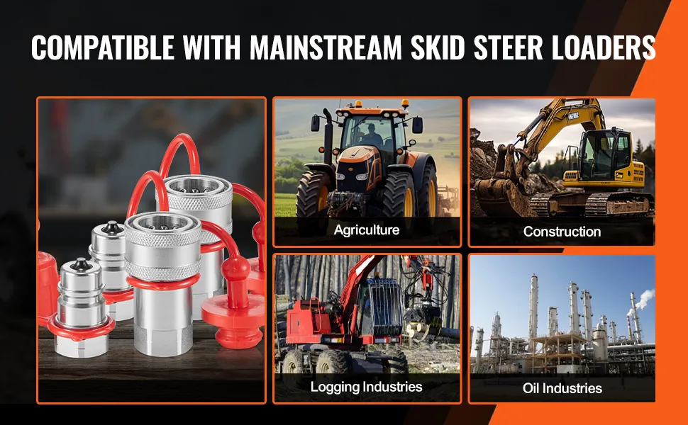VEVOR hydraulic quick connect couplers compatible with skid steer loaders in agriculture and construction.