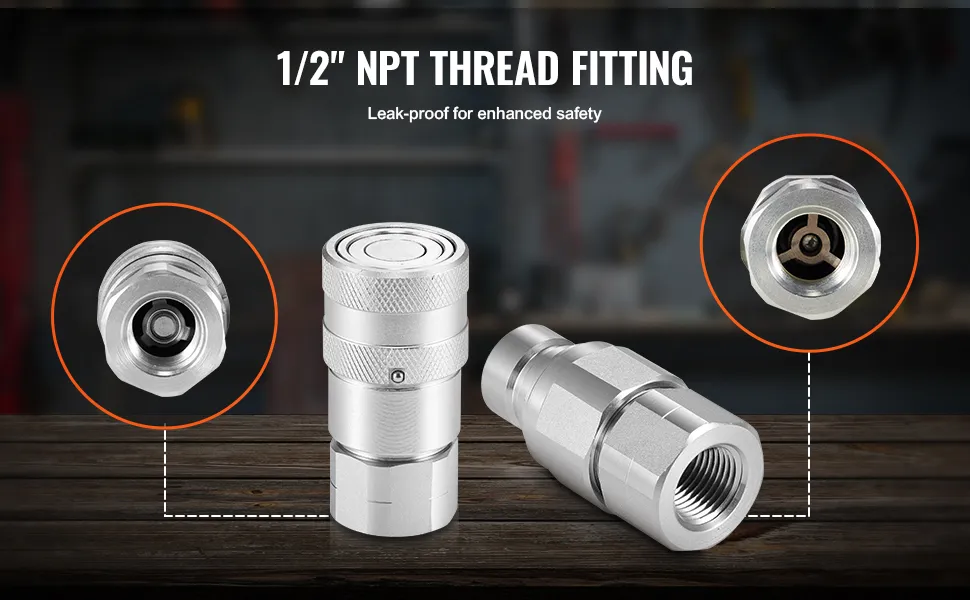 1/2" npt thread fitting with VEVOR hydraulic couplers; leak-proof, enhanced safety.