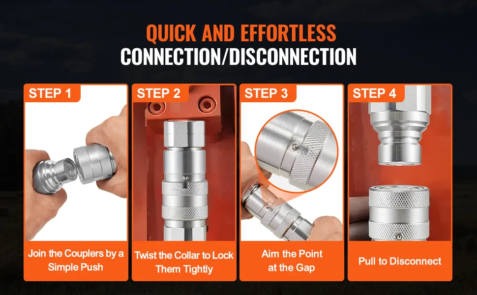 quick and effortless connection with VEVOR hydraulic couplers; join, twist, aim, and pull to disconnect.