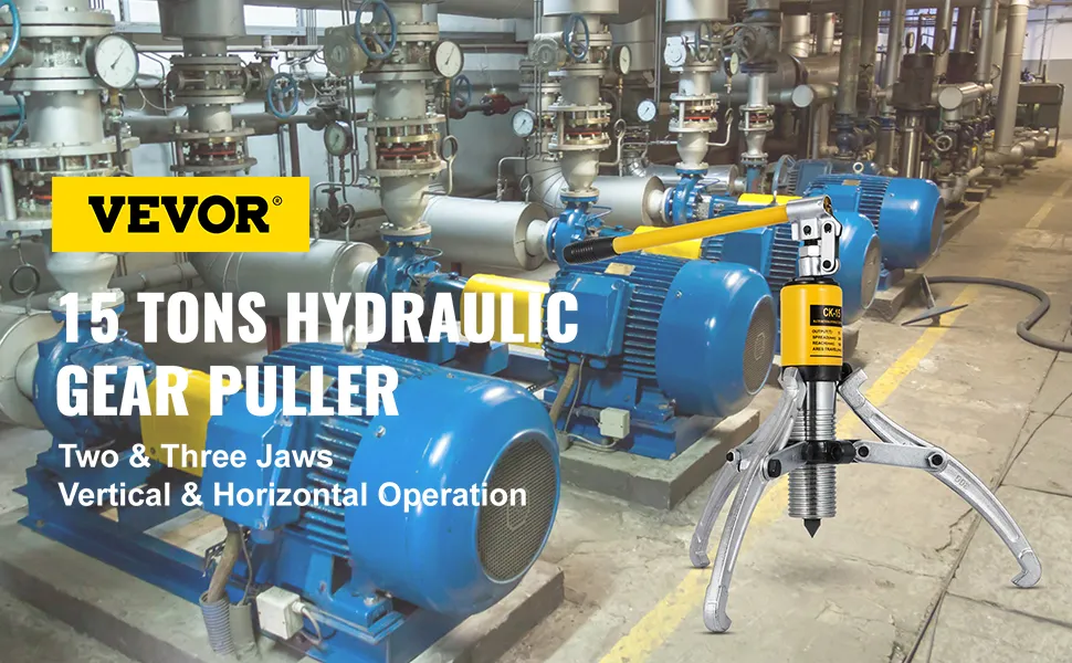 VEVOR hydraulic gear puller in front of industrial blue machine equipment.