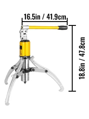 VEVOR hydraulic gear puller with dimensions: 16.5in x 18.8in. yellow and silver finish.