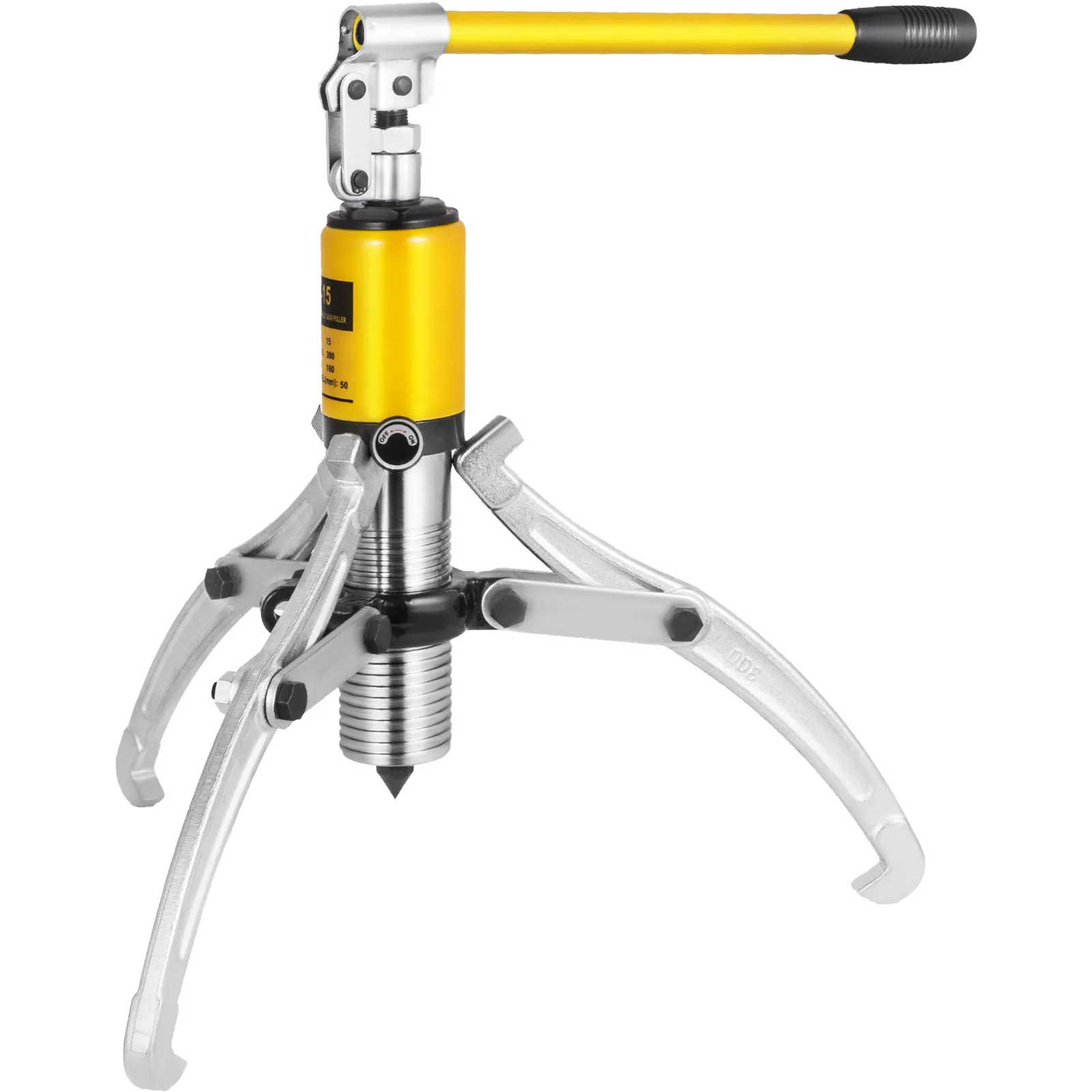 VEVOR hydraulic gear puller with yellow handle and three silver arms.