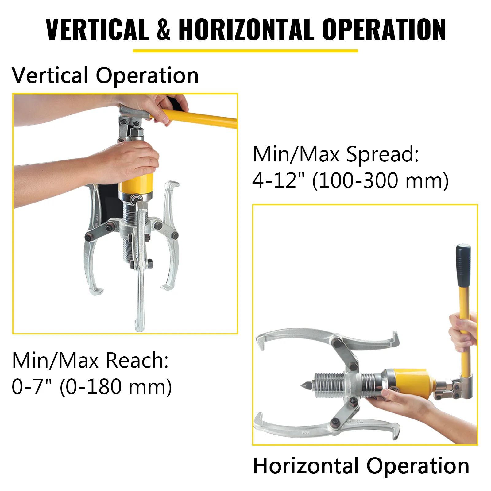 VEVOR hydraulic gear puller showcasing vertical and horizontal operation modes.