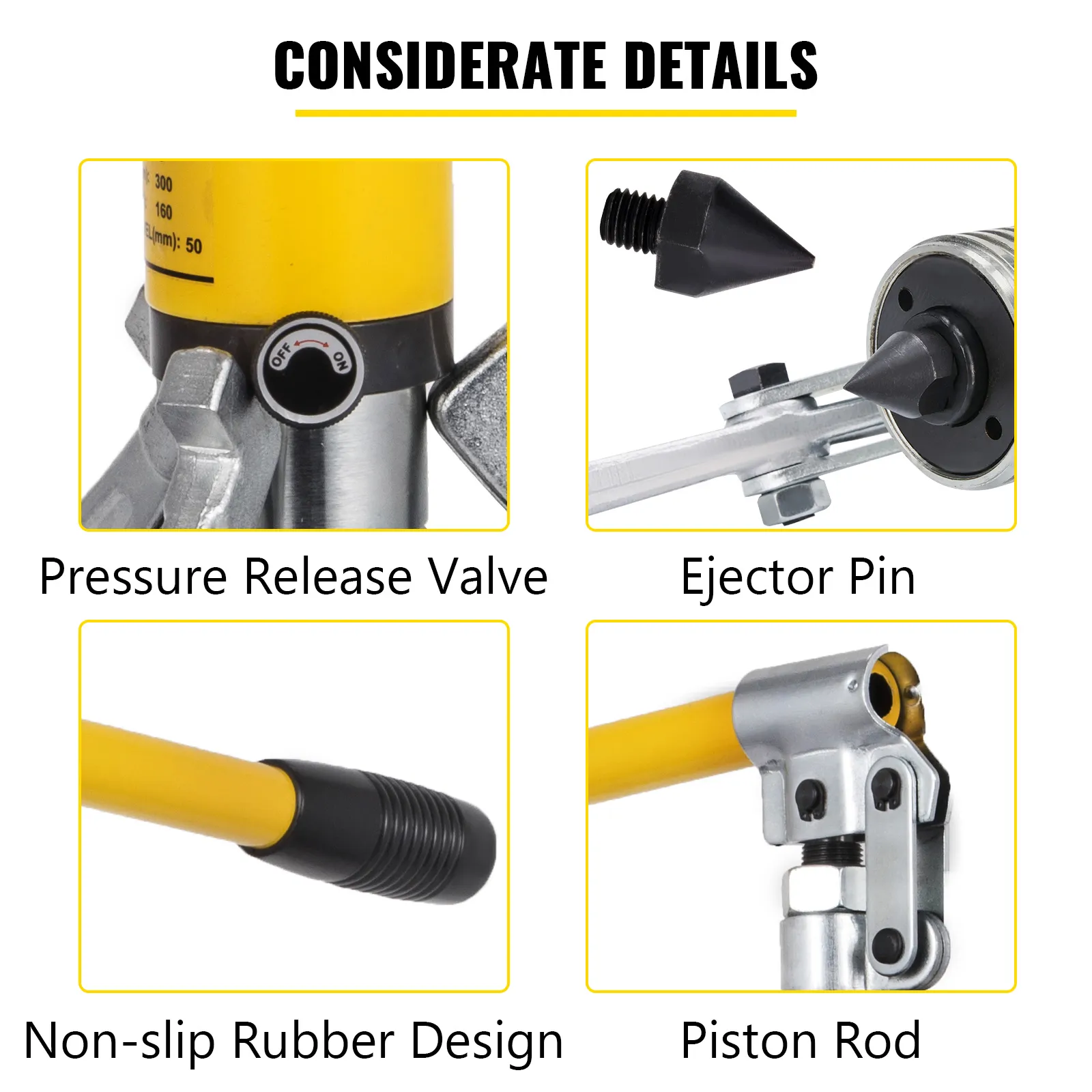 VEVOR hydraulic gear puller features pressure release valve, ejector pin, non-slip rubber handle, and piston rod.