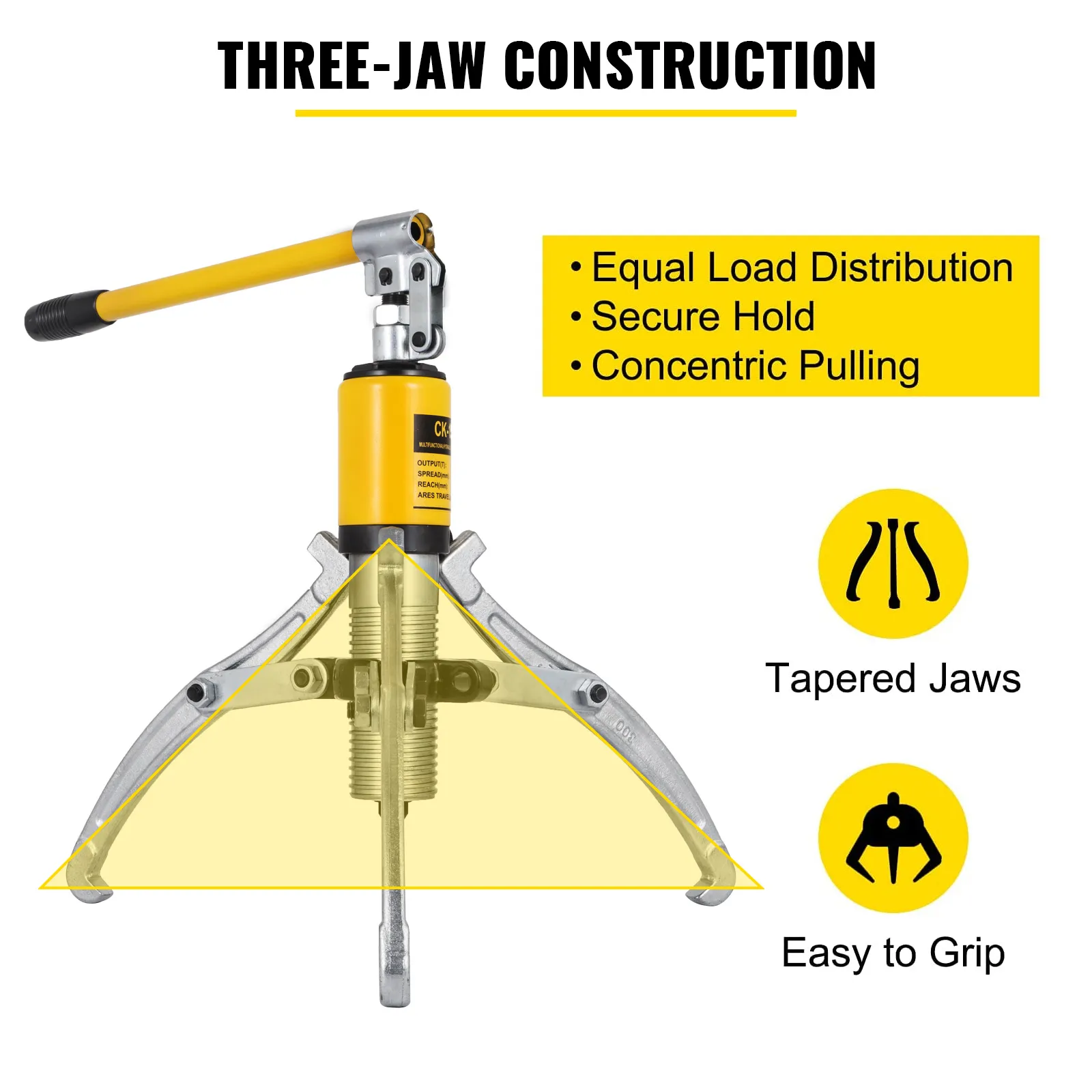 VEVOR hydraulic gear puller with three-jaw construction, tapered jaws, and secure hold.