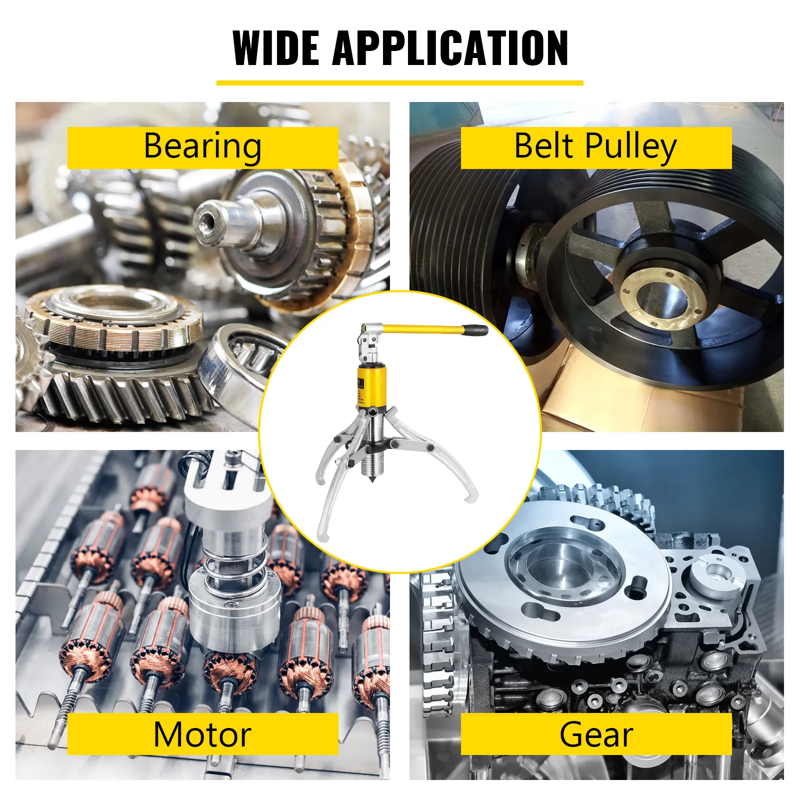VEVOR hydraulic gear puller for bearing, belt pulley, motor, and gear applications.