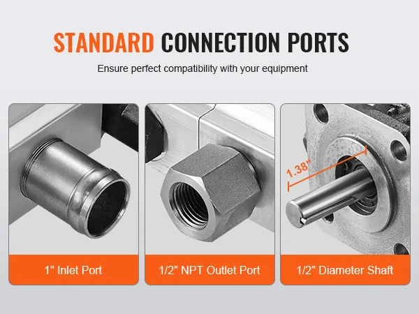 standard connection ports for the VEVOR hydraulic log splitter pump with 1" inlet port, 1/2" npt outlet port, 1/2" shaft.