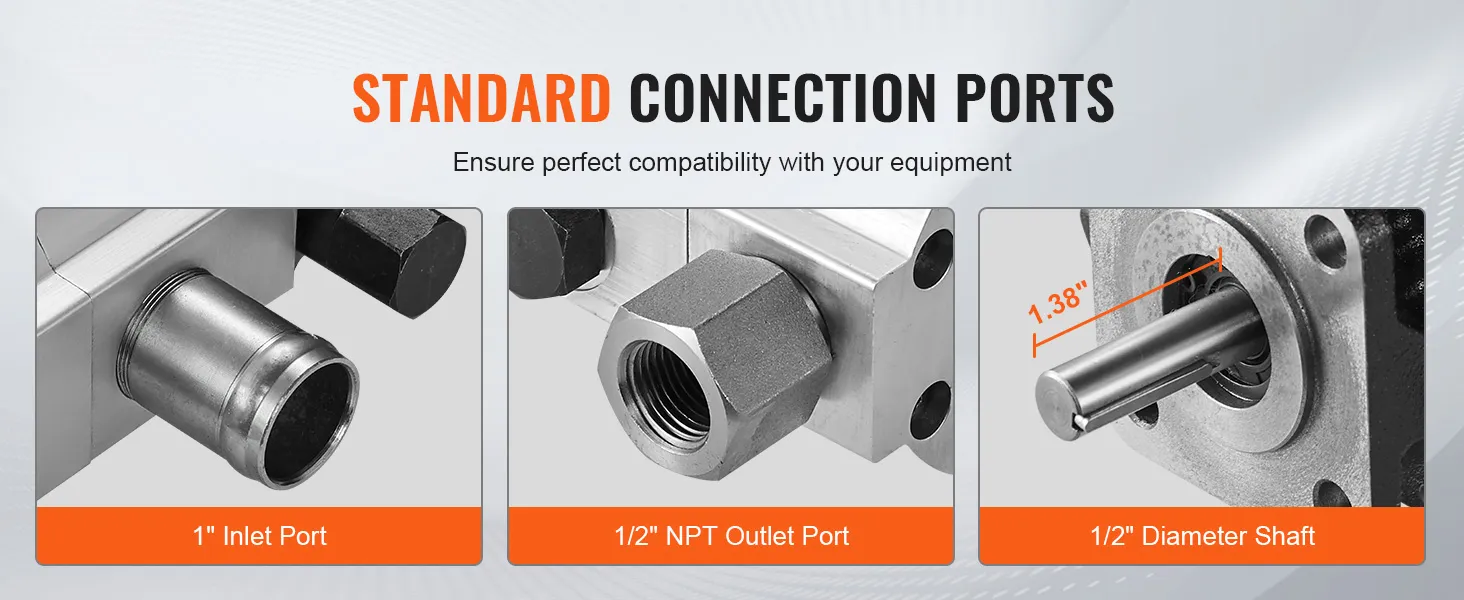 standard connection ports for the VEVOR hydraulic log splitter pump with 1" inlet port, 1/2" npt outlet port, 1/2" shaft.