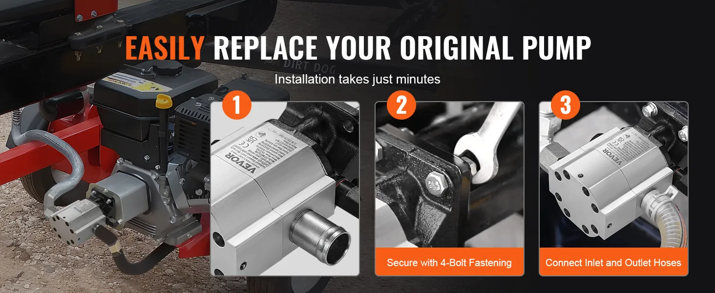 easily install the VEVOR hydraulic log splitter pump with 4-bolt fastening and hose connections.