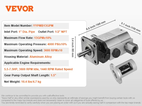 VEVOR log splitter pump kit with 13gpm flow rate, 3600 rpm speed, aluminum alloy body, and accessories.