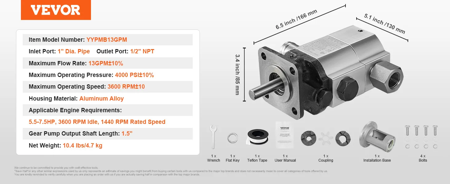 VEVOR log splitter pump kit with 13gpm flow rate, 3600 rpm speed, aluminum alloy body, and accessories.