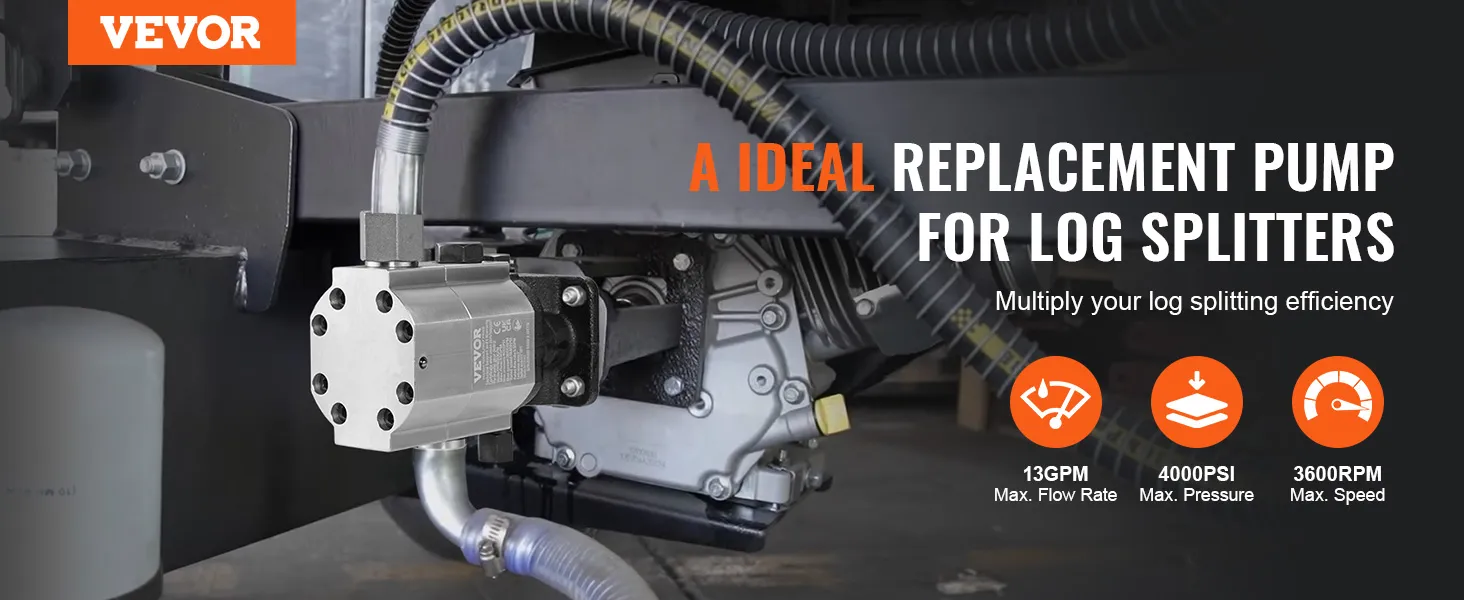 VEVOR log splitter pump kit with 13 gpm flow rate, 4000 psi pressure, and 3600 rpm speed.