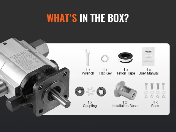 VEVOR log splitter pump kit contents: pump, wrench, flat key, teflon tape, user manual, coupling, base, bolts.