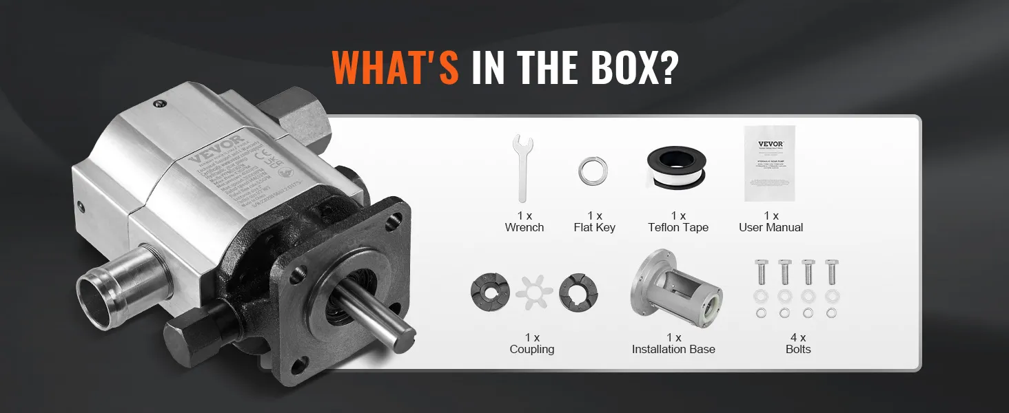 VEVOR log splitter pump kit contents: pump, wrench, flat key, teflon tape, user manual, coupling, base, bolts.