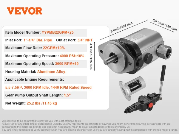 VEVOR hydraulic log splitter kit with 22gpm flow rate, 4000 psi pressure, aluminum alloy housing.
