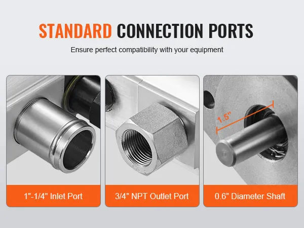 standard connection ports for VEVOR hydraulic log splitter kit: 1-1/4" inlet, 3/4" npt outlet, 0.6" shaft.