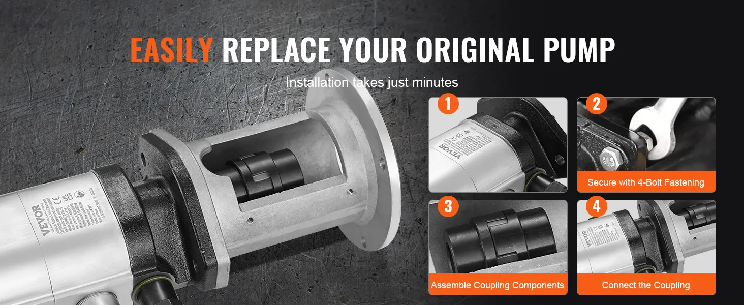 easily replace pump with VEVOR hydraulic log splitter kit, install in minutes, secure with 4-bolt fastening.