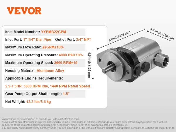 VEVOR hydraulic log splitter pump with 1-1/4" inlet port, 22gpm flow rate, aluminum housing, and accessories.