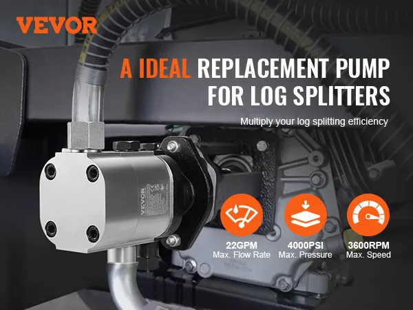 VEVOR hydraulic log splitter pump installation with specs: 22gpm, 4000psi, 3600rpm for efficient log splitting.