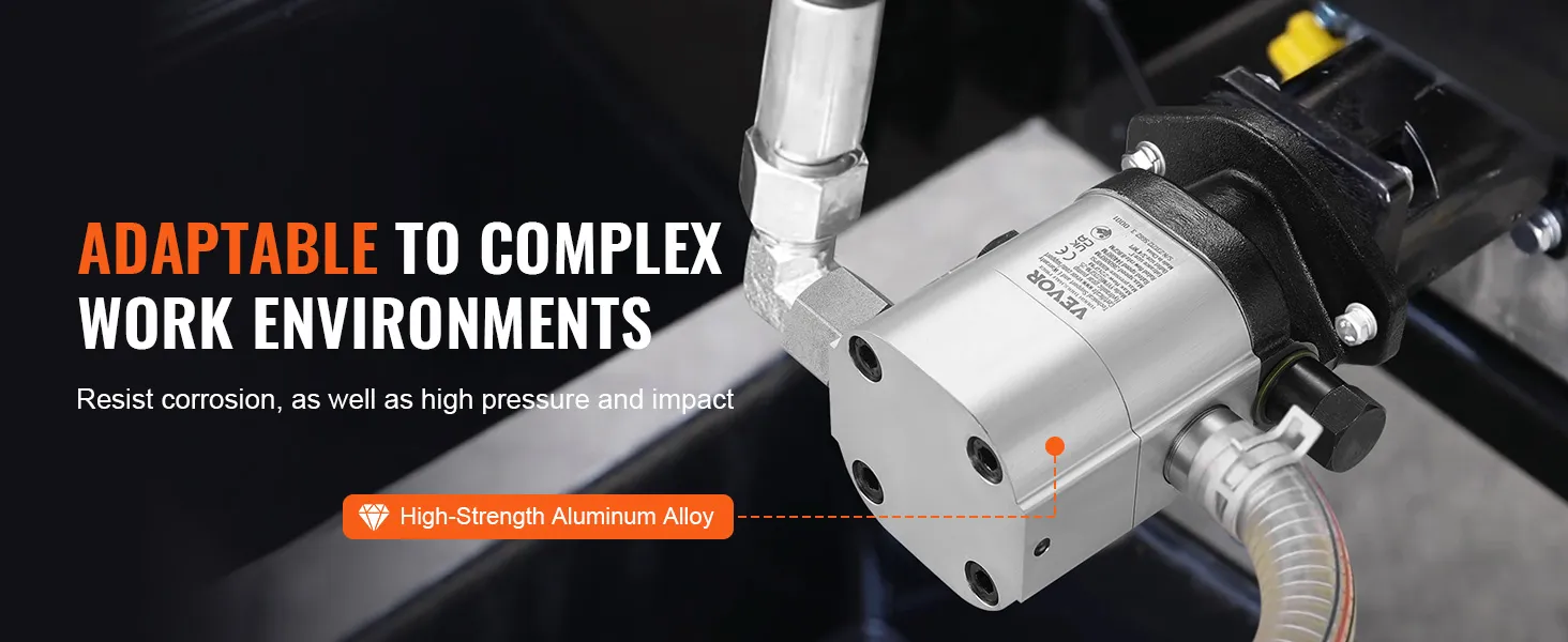 VEVOR hydraulic log splitter pump showing high-strength aluminum alloy in a complex work environment.