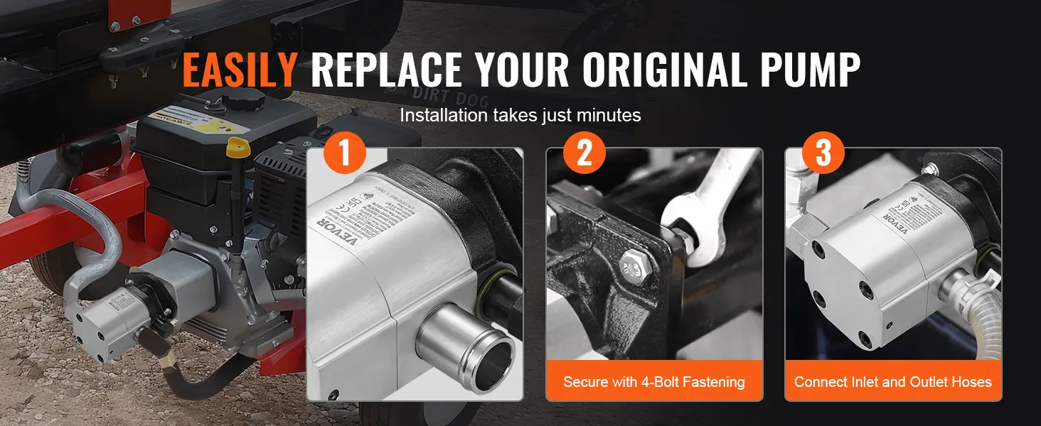 easily replace your original pump with the VEVOR hydraulic log splitter pump. simple 3-step installation.