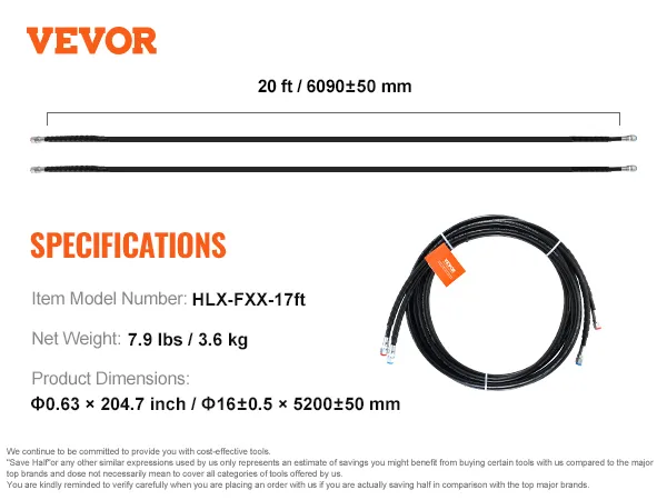 VEVOR hydraulic steering hose, 20 ft length, 3.1 lbs, model hlhlx-yyg-20ft*2, dimensions 6090±50 mm.