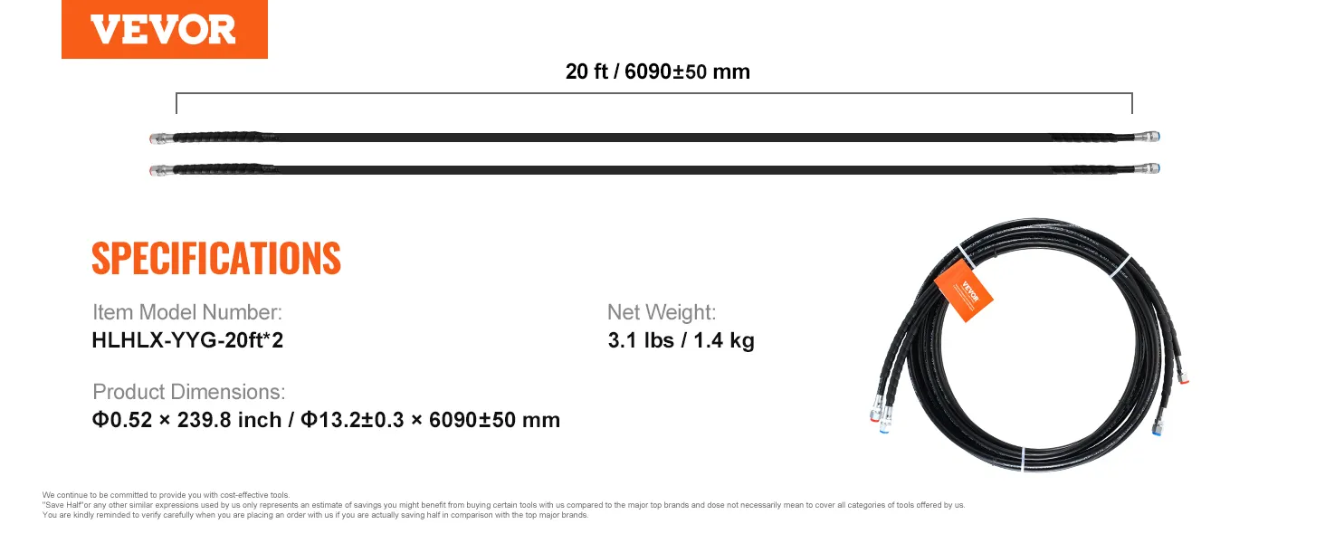 VEVOR hydraulic steering hose, 20 ft length, 3.1 lbs, model hlhlx-yyg-20ft*2, dimensions 6090±50 mm.