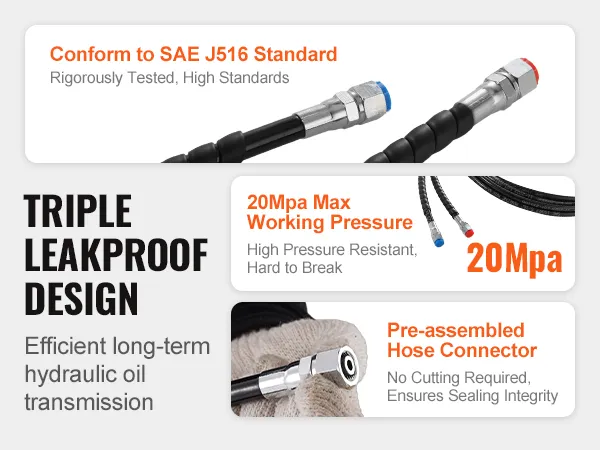 triple leakproof VEVOR hydraulic steering hose with sae j516 standard, 20mpa, pre-assembled connector.