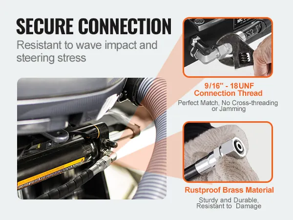 VEVOR hydraulic steering hose secure connection with rustproof brass and 9/16"-18unf thread for durability.