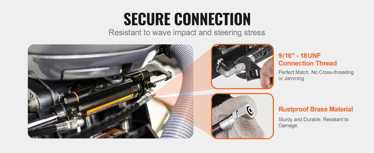 VEVOR hydraulic steering hose secure connection with rustproof brass and 9/16"-18unf thread for durability.