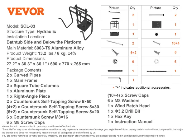 De VEVOR hottub cover lift scl-03 wordt geleverd inclusief hoofdframe, gebogen buizen, schroeven en installatiemateriaal.