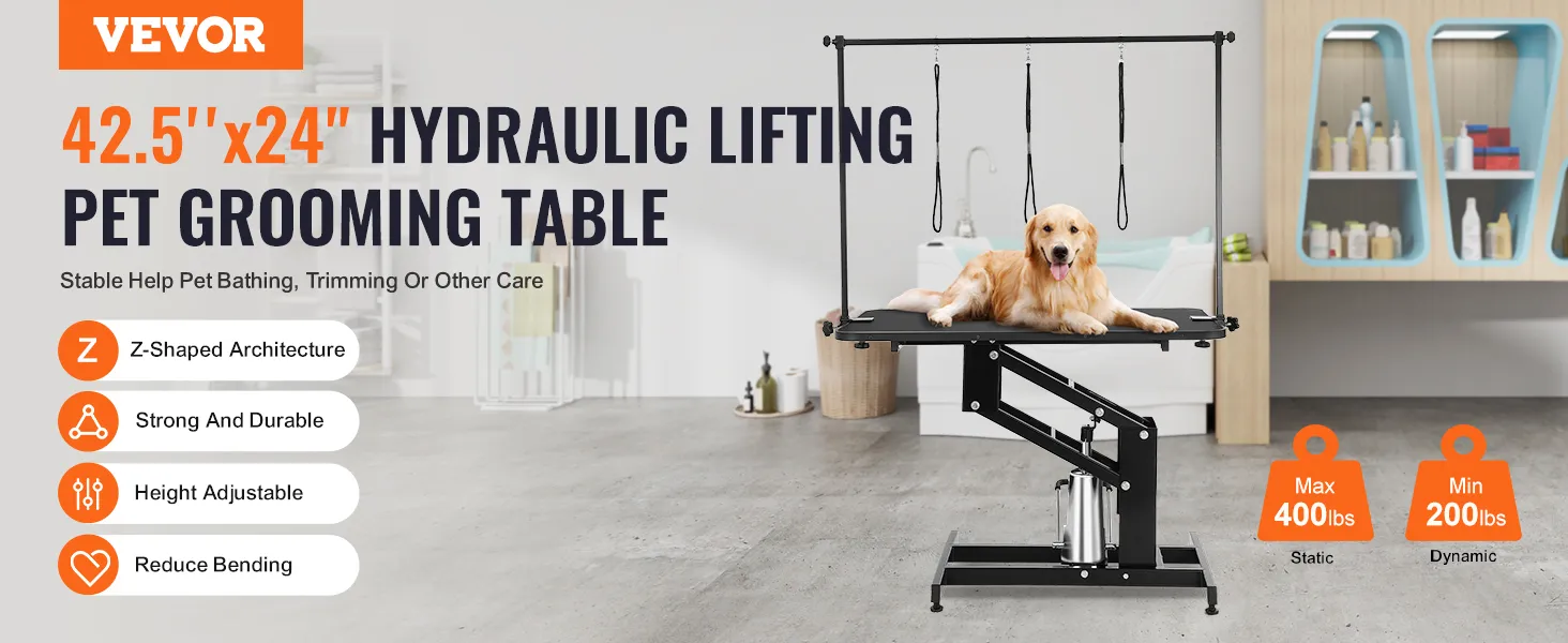 VEVOR pet grooming table: 42.5"x24" hydraulic lifting, height adjustable, supports up to 400 lbs.