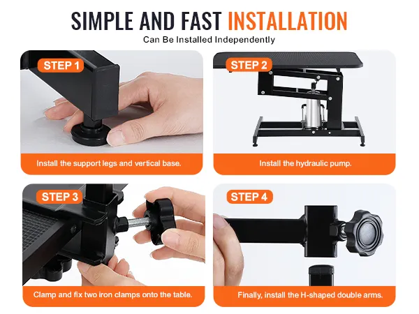 simple steps to assemble VEVOR pet grooming table: legs, pump, clamps, and h-shaped double arms.